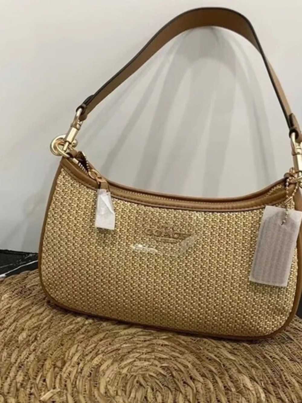 Coach Woven Straw Shoulder Bag in Tan with Gold Hardware
